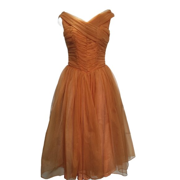 Vintage 50s Dusty Apricot Nylon Prom Party Dress w' Back Panels & Gloves XS - Picture 1 of 9
